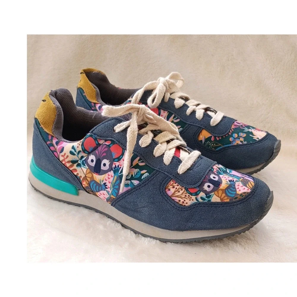 Inkkas Koala Jogger Sneakers Womens 10 Blue Suede Floral Animal Print Shoes
